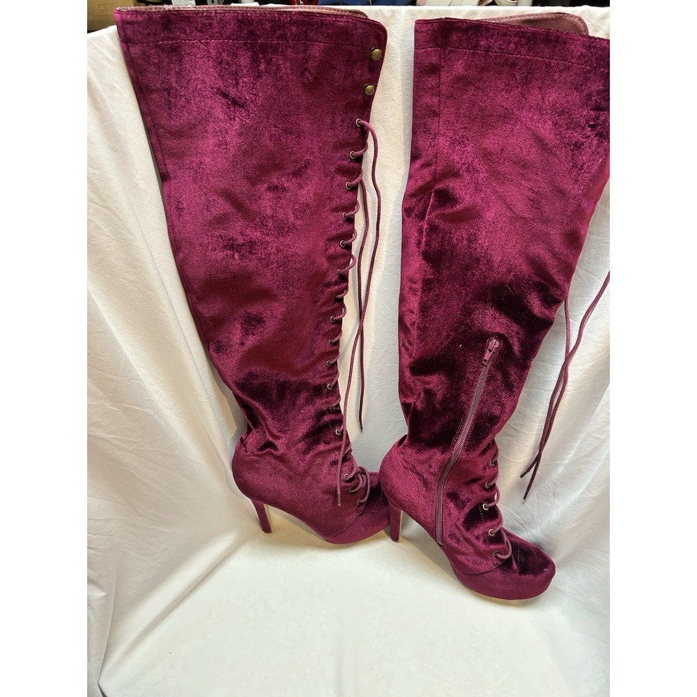 JustFab 9 US Purple Velvet Boots Platform Lace Up Side Zip Above Knee Goth Boho